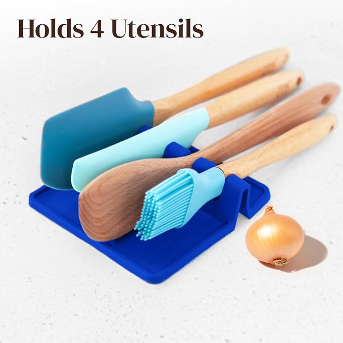 Cooler Kitchen Blue Silicone Spoon Rest for Stove Top with Drip Pad (Two Pack) - Heat Resistant BPA Free Utensil Rest & Spoon Holder for Kitchen Counter - Grill Utensil Holder - Spatula Holder