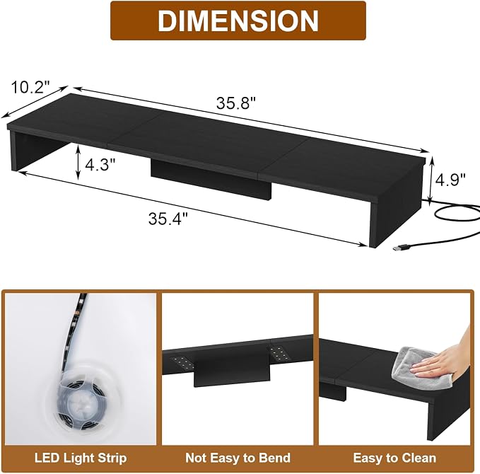 Qupui Dual Monitor Stand Riser for Desk with LED Lights, Large Computer Monitor Stand for 2 Monitors, Desk Shelf for Top of Desk, Desktop Organizer for Computer, Laptop, Printer, TV