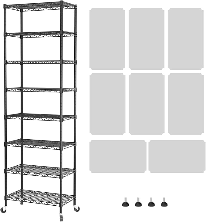 SINGAYE 8 Shelves Storage Wire Shelf Closet Metal Shelving Pantry Wheels | Shelf Bathroom Organizers Metal Kitchen Garage Shelving Unit Laundry Room Organization Home Rack Net Basket with Wheels