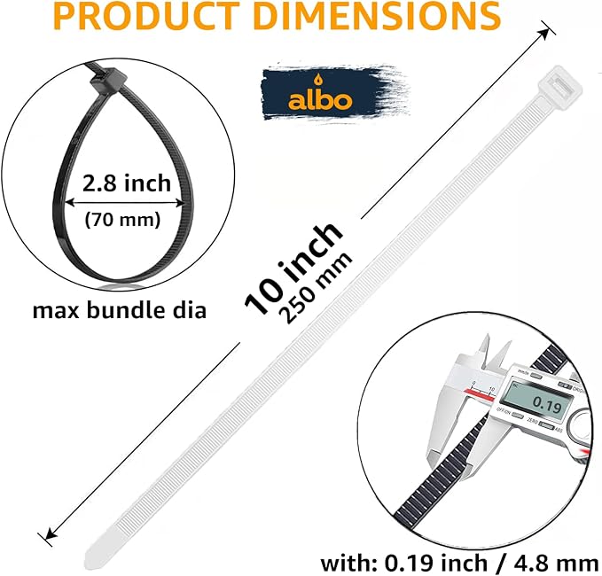 ALBO Zip Ties White 10 Inch 1000 Pack 50 lb, Long Plastic Cable Ties Thick 0.19 Inch Tie Wraps Heavy Duty UV Resistant Nylon Wire Ties for Indoor and Outdoor