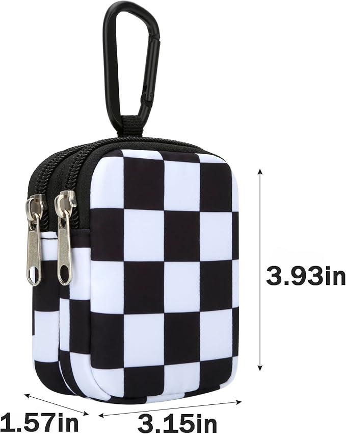 E-Tree Coin Purse with Carabiner Clip, Dual Layer Card Case Holder, Mini Pouch for AirPod Earphone Keychain USB Cable,Wallet, Small Accessories Organizer Bag for Women and Men (Black Checkered)
