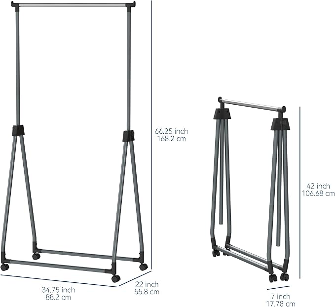 Whitmor Foldable Garment Rack - Rolling Clothes Rack - Adjustable Height Garment Rack, Heavy Duty Foldable Clothes Rack with Adjustable Hanging Rod for Home Office- Silver & Black