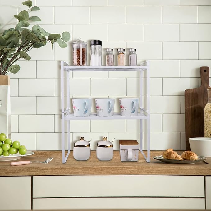 2 Pack Stackable Cabinet Shelf Organizer - Heavy-Duty Coated Metal Storage Rack, Non-Slip Space-Saving for Kitchen Pantry, Under Sink, Cupboard, Countertop (White)