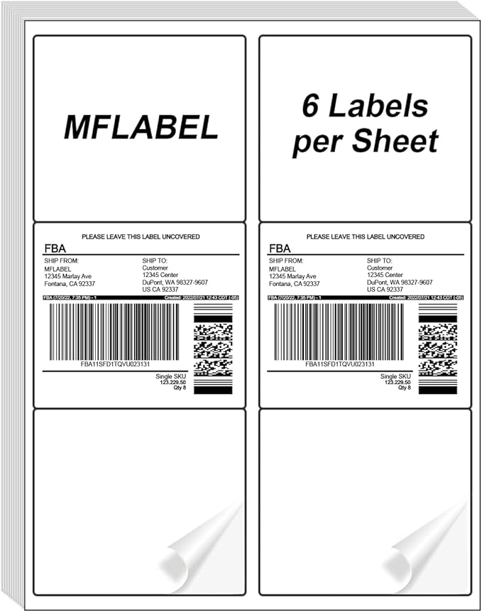 MFLABEL 3-1/3" x 4" FBA Shipping Labels - 6-UP on 8.5x11 Sheet, 100 Sheets (600 Labels) | Easy to Peel & Pop-Out Design for Laser & Inkjet Printers | Address Labels for Amazon FBA, UPS, FedEx