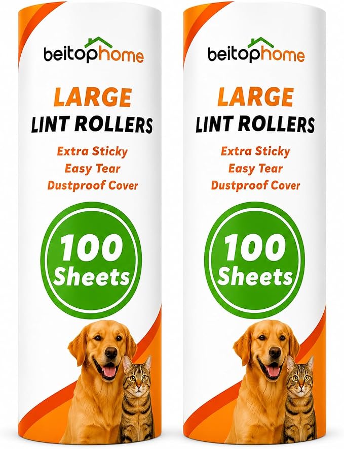 Large Lint Roller Refills, 9.44-Inch Wide, 200 Sheets | 2 Extra Sticky Replacement Rolls for Pet Hair, Refills Only