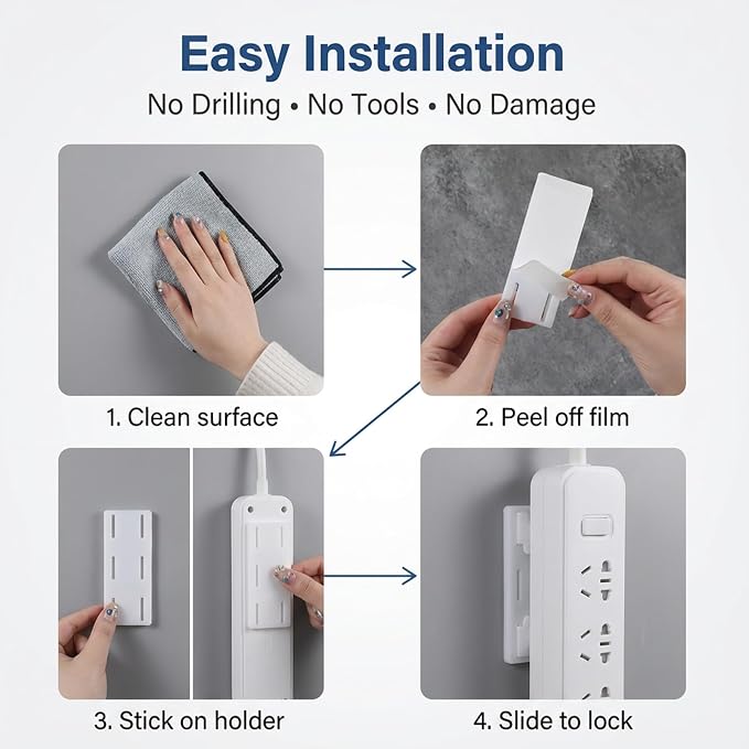 Power Strip Holder Self Adhesive, 8 PCS Power Strip Wall Mount Adhesive Punch-Free Socket Holder Desktop Socket Fixer Wall Mounted Cable Management for Kitchen Home Office, Easy to Install (White)