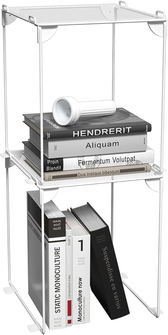 Neudeco Locker Shelf 2 Pack - Organizer for School Gym Office - White 12“ | Stackable, Extra Tall, Collapsible, Metal Mesh Build, Fits Standard Size