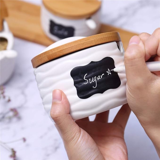 Ceramic Sugar Bowl with Bamboo Lids and Spoons Serving Tray, Porcelain Sugar Container for Sugar Tea Coffee Spice,Salt Condiment with Chalkboard Labels for Home Kitchen,9.1 fl oz 270 ML