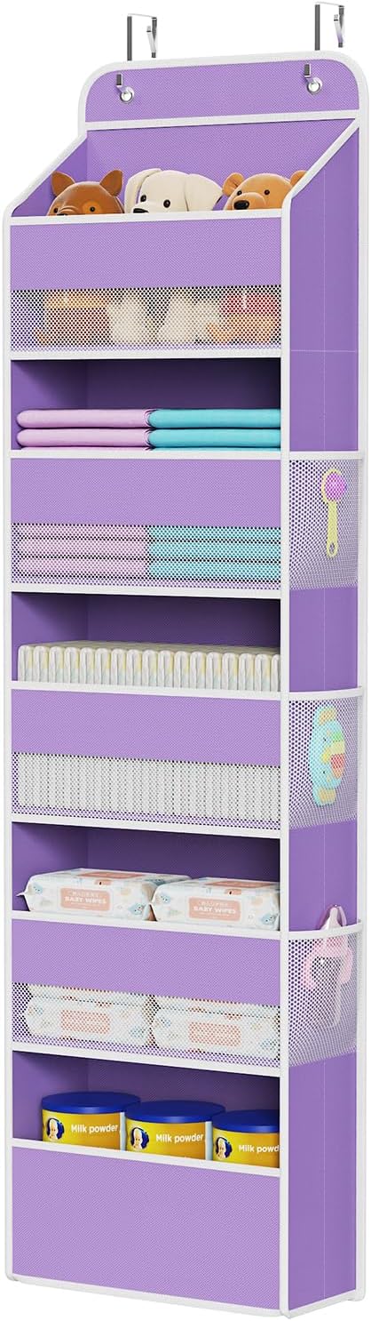Univivi 5-Shelf Over The Door Hanging Organizer, Back of Door Organizer with 5 Compartments 6 Side Pockets for Baby Bedroom and Bathroom Storage (Purple)