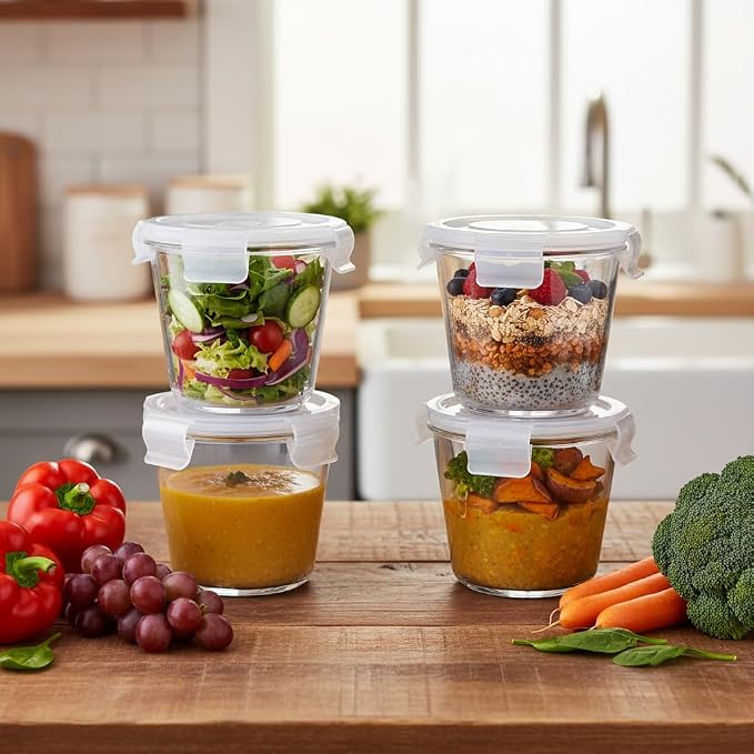 H.JSS WDJS 24 Oz Round Glass Food Storage Container set, 3 Cup Round Glass Soup Container with Airtight Lids BPA free, Borosilicate Storage Bowls, Dishwasher Microwave Freezer Safe (2 Pack)