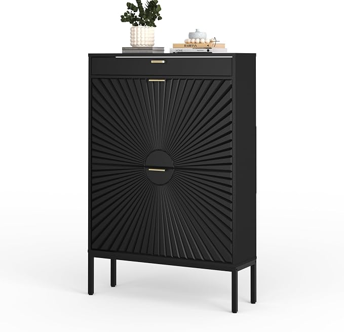 XIAO WEI Shoe Cabinet, Shoe Storage Organizer Cabinet with 2 Flip Half Moon Line Doors, Freestanding Shoe Rack with Adjustable Shelf for Entryway（Black）