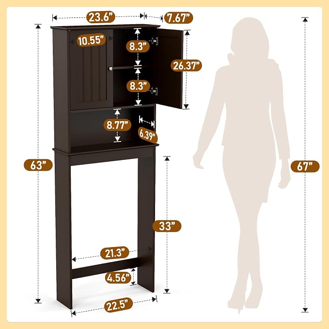 Over Toilet Storage Cabinet with Barn Door & Adjustable Shelves | 24 Inch Wide Bathroom Organizer, Space-Saving, Sturdy Wood, Anti-Tipping, Easy Assembly, for Restroom, Laundry, Small Spaces