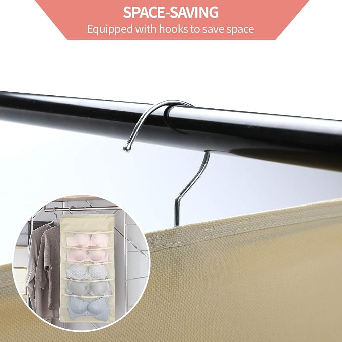Bseash Enlarged Closet Hanging Bra Organizer with Rotating Metal Hanger, Dual Sided Wall Shelf Wardrobe Mesh Pockets Hanging Storage Bag for Bra Socks Underwear Underpants