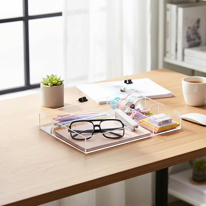 Briwooody Acrylic Desk Drawer Organizer 12.2 x 8.27 x 1.77 Inch Storage Tray Organizer for Pens, Stationery, Desktop, Office, Bathroom, Kitchen, Makeup Supplies(5 Compartments, Clear)