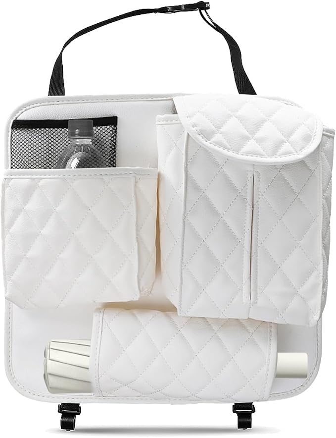 YoRise Leather Car Seat Back Organizer, Multifunctional Hanging Automotive Storage Bag with 2 Hooks, Car Seat Travel Bag for Tissue, Phone, Handbag, Bottle, Umbrella, Snack (White)