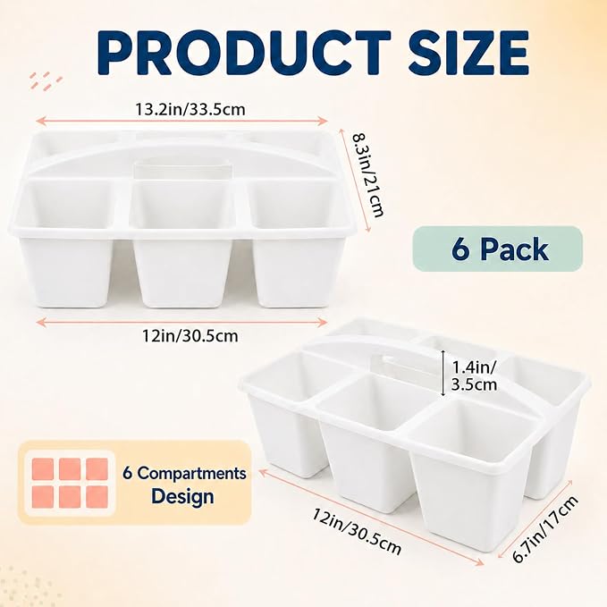 gisgfim 6 Pack Plastic Classroom Caddy with 6-Compartments Plastic Storage Caddies with Handle 6 Compartments Table Caddy Organizer Versatile Table Caddies for Classroom Office Storage, White