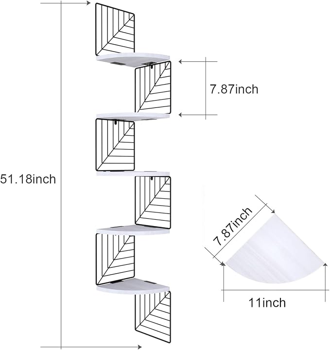 Love-KANKEI Corner Wall Shelf 5 Tier,Solid Wood/Metal Bracket,51"Tall,White | Easy to Install,Leaf-Shaped Floating Wall Shelves,Capacity 44 Lbs,For Bedroom Living Room Bathroom Kitchen Office,Display