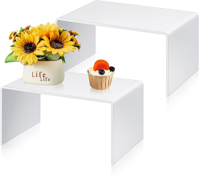 RattanView 2 Pcs 14 Inch Large Acrylic Risers Display Stands 5 mm Thick Acrylic Shelf Riser Showcase for Collectibles Jewelry Cupcakes Food Figures Perfume Cabinet (White)