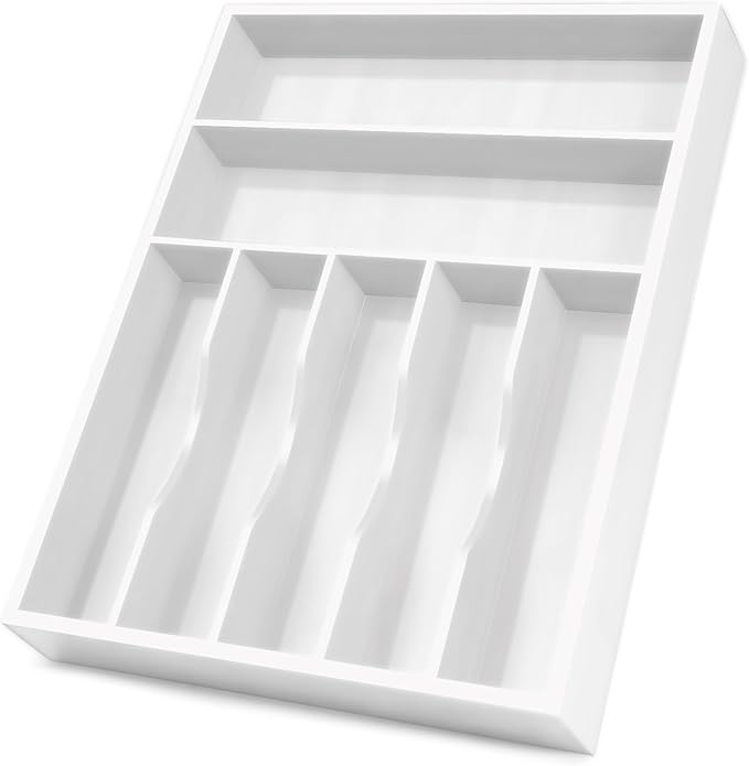 Bellsal White Utensil Organizer 12.5 Inch Silverware Tray for Drawer Utensil Holder Cutlery Organizer Kitchen Drawer Organizer 7 Compartment Small Narrow Bamboo | Natural Bamboo White, 7 Compartment, Durable, Small Narrow Organizer, Silverware Tray, Ut...