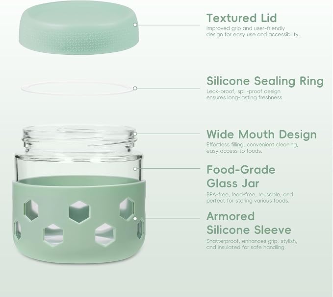 Gemice 6-Pack 10 oz Overnight Oats Containers with Lids and Silicone Sleeves, Glass Mason Jars with Airtight Lid, Dishwasher Safe, Wide Mouth Chia Seed Pudding Meal Prep Jar for Yogurt Berries Snack