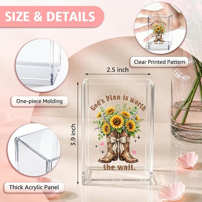 God's Plan Is Worth The Wait Funny Christian Acrylic Pen Holder Cup | Inspirational Gifts for Women Coworker Teacher, Farmhouse Sunflower Boots Desk Organizer, Bible Verses Makeup Brush Organizer