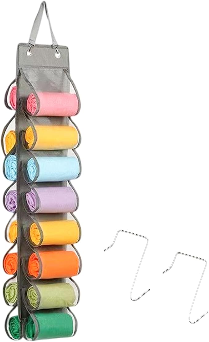 Legging Hanger Organizer 16 Pockets Hanging Closet, Gray | Foldable Fabric Hanging Shelf for Wardrobe Door Dorm, Space Saving Tank Top Scarf Jeans Tshirt Storage Organizer for Women