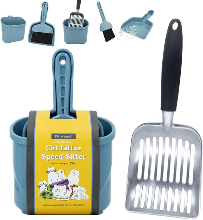 4-in-1 Cat Litter Scoop with Holder, Metal Litter Scoop Includes Portable Small Broom and Dustpan Set, Heavy Duty Stainless Steel Kitty Scooper, Quick Sift and Easy Clean