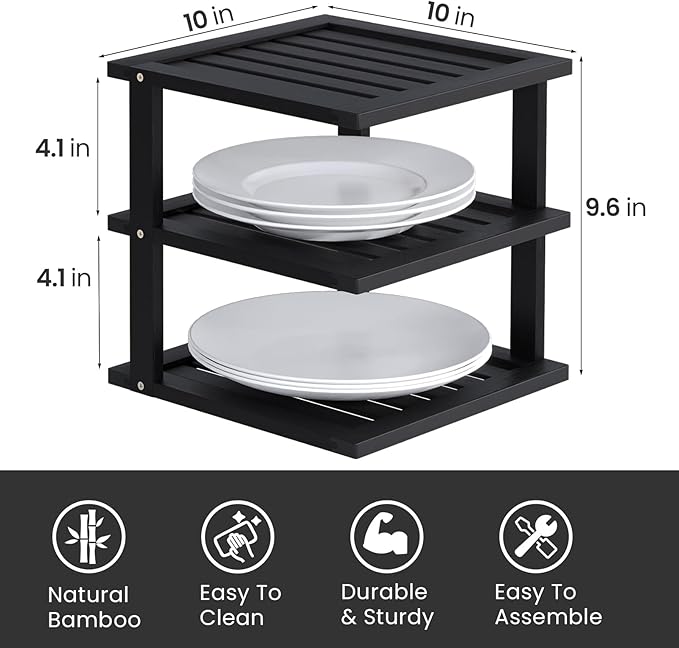 4 Pack Bamboo Corner Shelf,3 Tier Kitchen Cabinet Organizer for Plates and Dishes,Pantry Storage and Spice Rack（Black）
