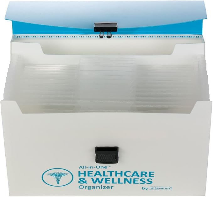 Smead All-in-One Healthcare & Wellness Organizer, 13 Pockets, Letter Size, Latch Closure, Poly White/Teal (92012) (Pack of 4)