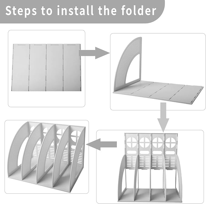 Marte Vanci Magazine File Holder Desktop Book Organizer Plastic Storage Sturdy Vertical 4 Section Folder (Light Gray)