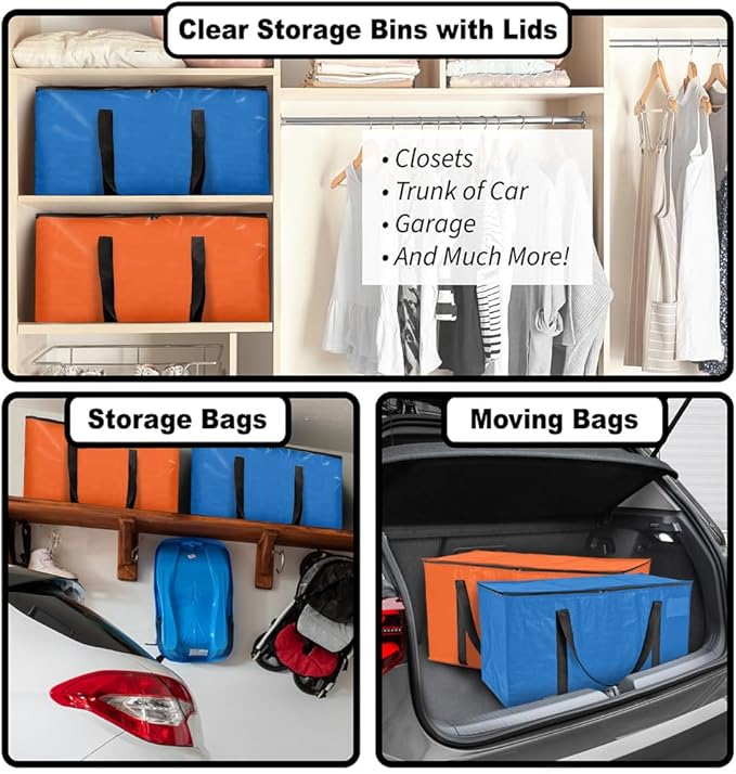 ClearSpace Oversized Moving Bags or Storage Bag – Large Moving Boxes with Backpack Straps, Zippers & Handles – Heavy-Duty Packing Bags for Moving, College Dorm, Christmas Decorations, 8 Pack