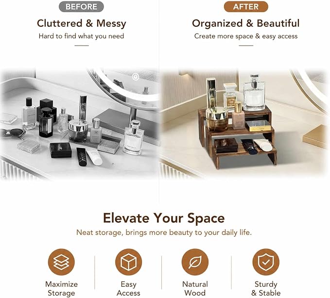 3-Tier Wooden Display Risers, Tiered Display Stand, Shelf Risers for Table Display, Small Wood Display Shelf (1, Cranberry)