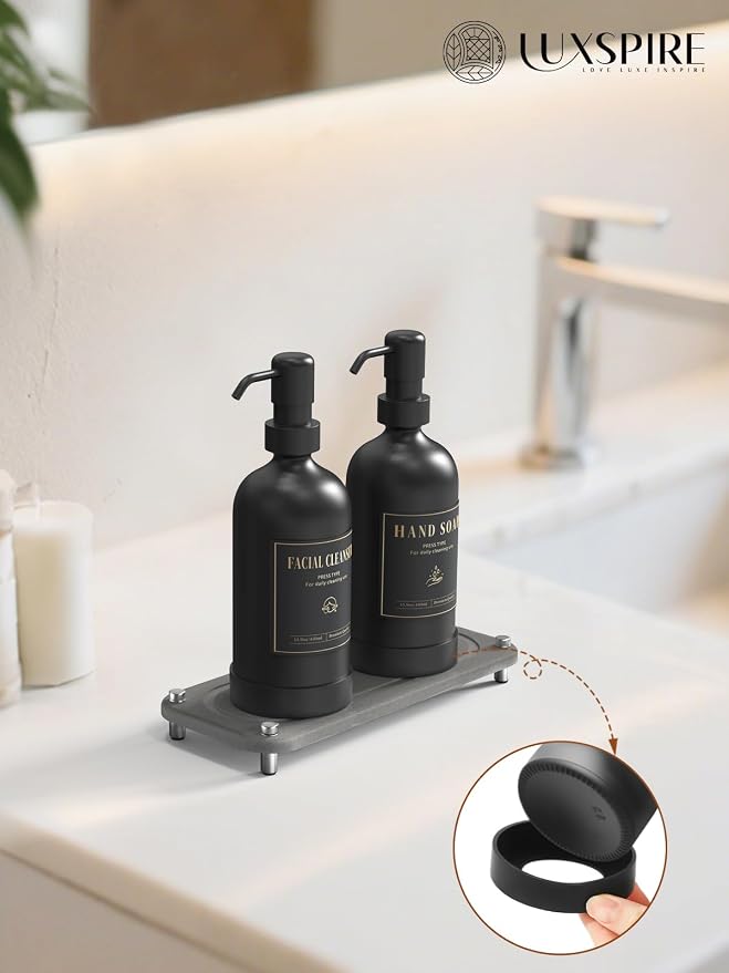 Luxspire Soap Dispenser Set, Hand Soap Dispensers with Fast Drying Tray, 17 oz Glass Refillable Liquid Bottle for Bathroom & Kitchen, Kitchen, 2 Pack, Black + Dark Gray