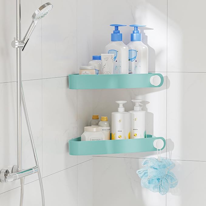Sotfamily Plastic Shower Caddy Corner (for 90° Only), 2 Pack,Turquoise | Adhesive Corner Shower Shelves for Bathroom Organizers and Storage, Bathroom Decor, No Drill, Rust Free