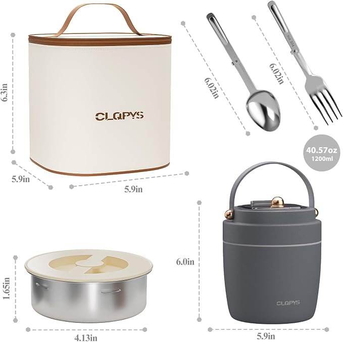 40oz Stainless Steel Vacuum Insulated Food Jar for Adults Wide Mouth Lunch Container with Spoon Fork and Carrying Bag Leak-Proof Soup Thermo Bento Box for Hot Food and Cold Food | Office, Travel Gray