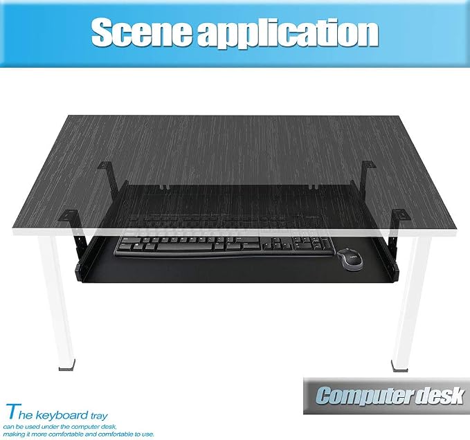 FRMSAET Under Desk Keyboard Tray Heavy-Duty All-Metal Material 20/24/30 inches Platform Computer Drawer Organizer Home Office Kitchen Bedroom Garage Storage Tool - Easy to Install.(20 inches, Black)