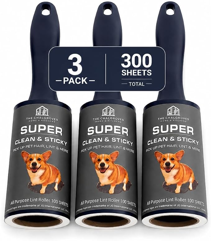 Extra Sticky Lint Roller, 3-Pack 300 Sheets, Pet Hair | Extra Sticky | Cat & Dog Hair | Straight-Cut Sheets | Navy Ergonomic Handles | Clothes | Furniture | 3 Complete Rollers