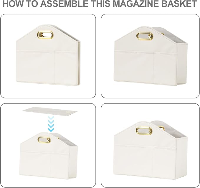 Magazine Holder PU Leather Magazine Rack Floor foldable Magazine Basket Organizer Newspaper Storage Bin Document File Holder for Home Office - white