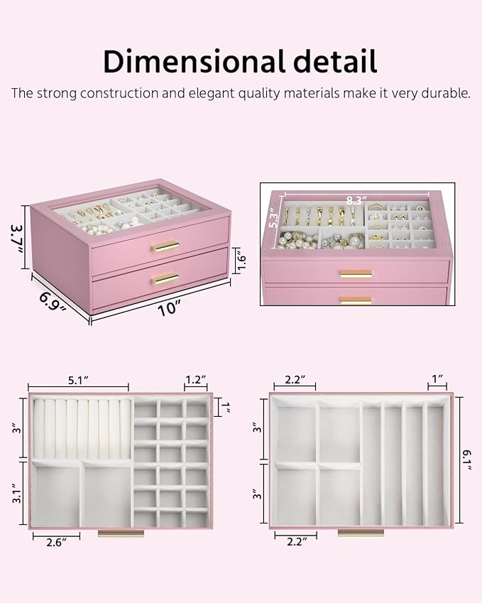 AKOZLIN Jewelry Box with Clear Lid Functional Leather Jewelry Storage Organizer Case 2 Drawers for Women Girls Necklace Ring Bracelet Earring