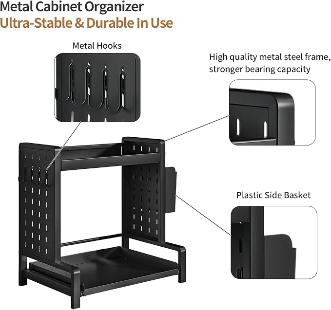 Spice Rack with Pull Out Drawer Counter Storage Organizer Metal 2-Tier | Rust-Resistant Holds 20 lbs Saves 50% Counter Space with Hooks & Hanging Basket for Kitchen Coffee Bar Bathroom Apartment