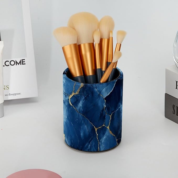 Faux Leather Pen Holder for Desk, Pencil Organizer Blue Gold Marble Texture Pen Cup Desk Decor Makeup Brush Holder Storage for Office Home