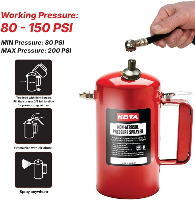 LAUCO Non Aerosol Pressure Sprayer with Funnel and Extension, Refillable Pressurized Sprayer Bottle for Oil, Solvent, Degreasers, Lubricants - Rechargeable Steel Canister and Brass Nozzles, 32oz 69532