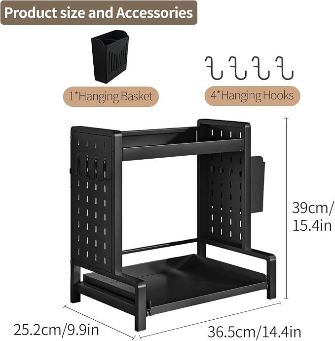 Spice Rack with Pull Out Drawer Counter Storage Organizer Metal 2-Tier | Rust-Resistant Holds 20 lbs Saves 50% Counter Space with Hooks & Hanging Basket for Kitchen Coffee Bar Bathroom Apartment