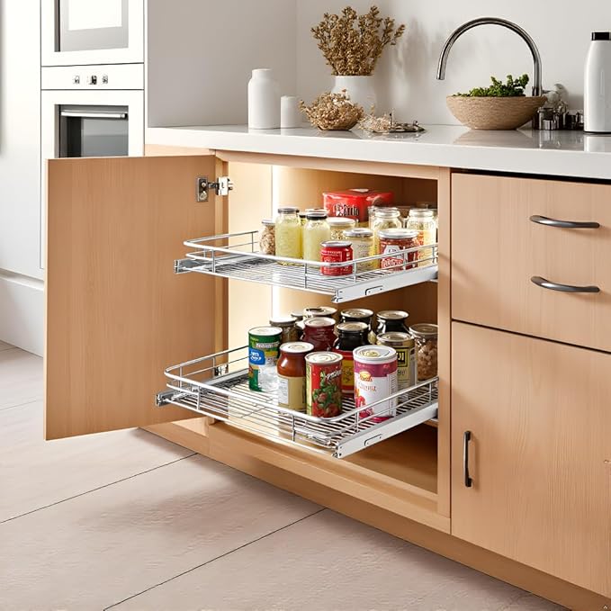 JOWBOOW Cabinet Pull Out Shelves (14" W x 21" D), Heavy-Duty Pull Out Shelves for Kitchen Cabinets, Chrome-Plated Steel Slide Out Shelf