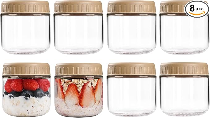 SHOWIN Overnight Oats Containers with Lids, 10oz Glass Jars with Lids 8 pcs, Taffy, Wide Mouth Mason jars for Salad, Yogurt, Snacks, Meal Prep