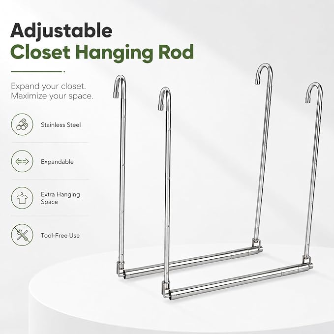 2 Pack Hanging Closet Rod Stainless Steel, Adjustable Width & Height 16–27.5 in Closet Rod Extender with 360° Rotating Hooks, Space-Saving Closet Hanging Organizer for Clothes, Pants, Skirts, Towels