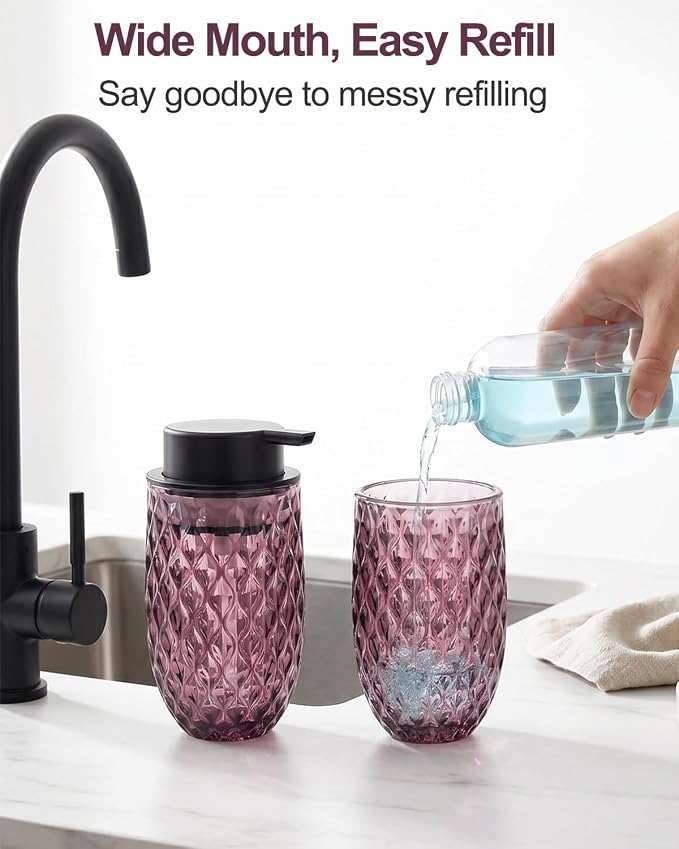 Glass Foaming Soap Dispenser, Purple Embossed Foam Hand Soap Dispenser | 2PCS Refillable Foaming Soap Bottle, with Black Pump for Bathroom, Kitchen, Elegant Modern Home Decor, 12 OZ Large Capacity