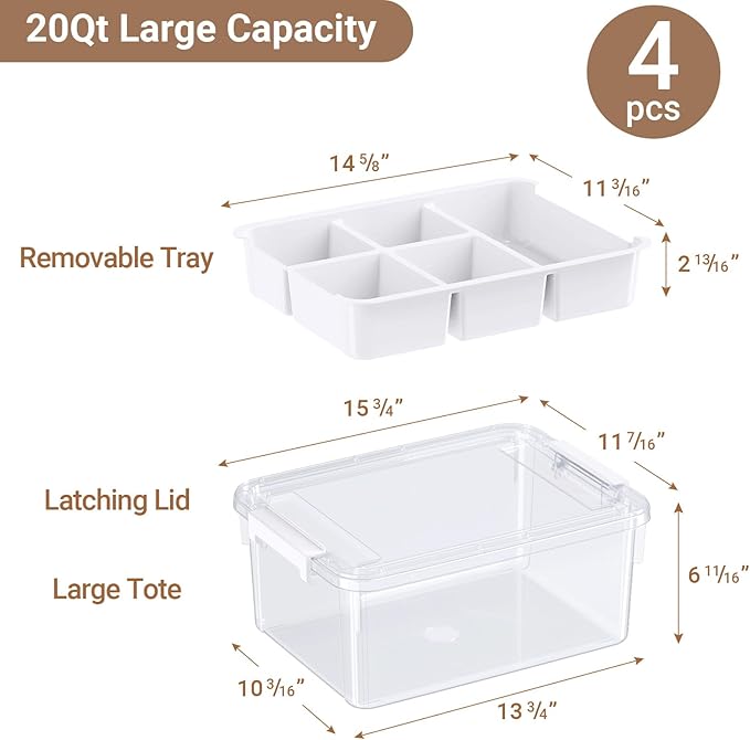 80Qt Stackable Storage Bins with Lids & Trays, Clear Plastic Latching Boxes Organizers with Dividers Portable 20Gal Containers for Arts & Crafts, Home and Car Trunk Organization, 4Pack