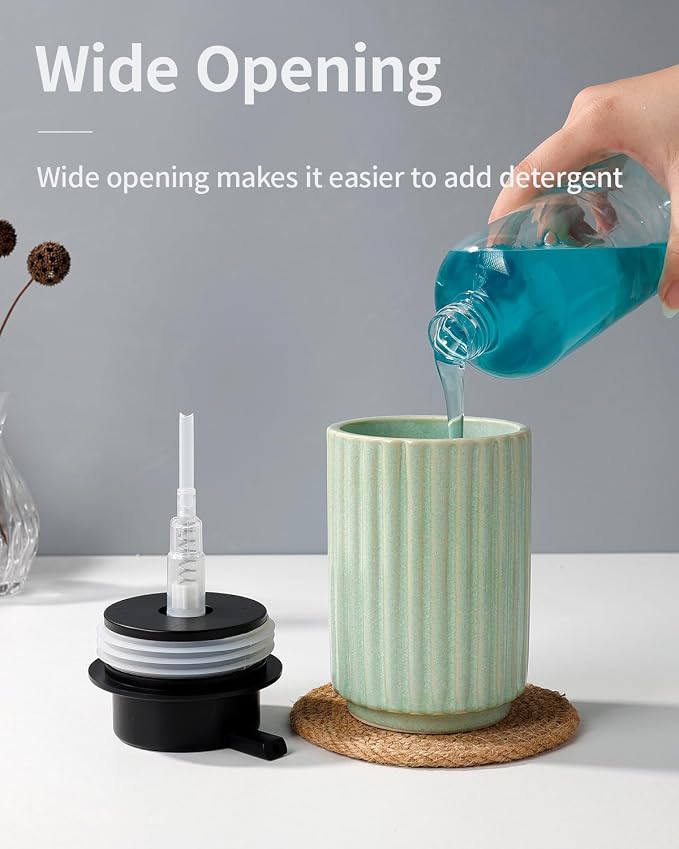 Soap Dispenser, Green Ceramic Refillable Liquid Hand Soap Pump for Bathroom Kitchen, 10.5OZ Lotion Dispenser, Dish Soap Dispenser, Modern Stripe Design, ANTIS'S HOME