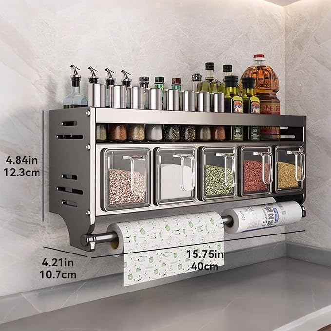 Update Spice Rack Wall Mounted with Hooks and Pole Hanging Seasoning Organizer Shelf Condiment Rack for Kitchen